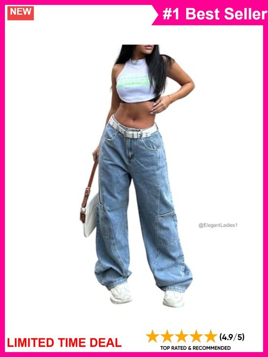 Denim - Wide Leg Low Rise Cargo Baggy Denim Jeans Patchwork Pockets
